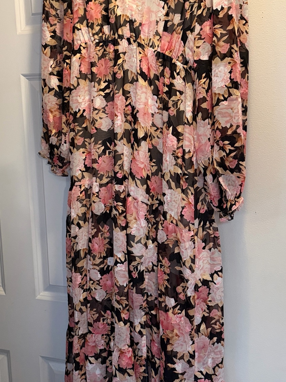 Long Sleeve Floral Maxi Dress in Pink and Black